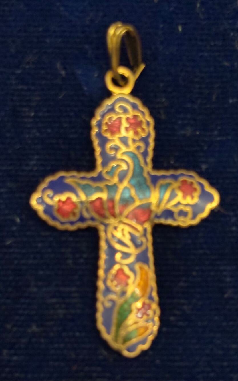 Vintage Cloisonne Cross Pendant Colorful Enamel Religious Charm Gold Tone 1.5x1